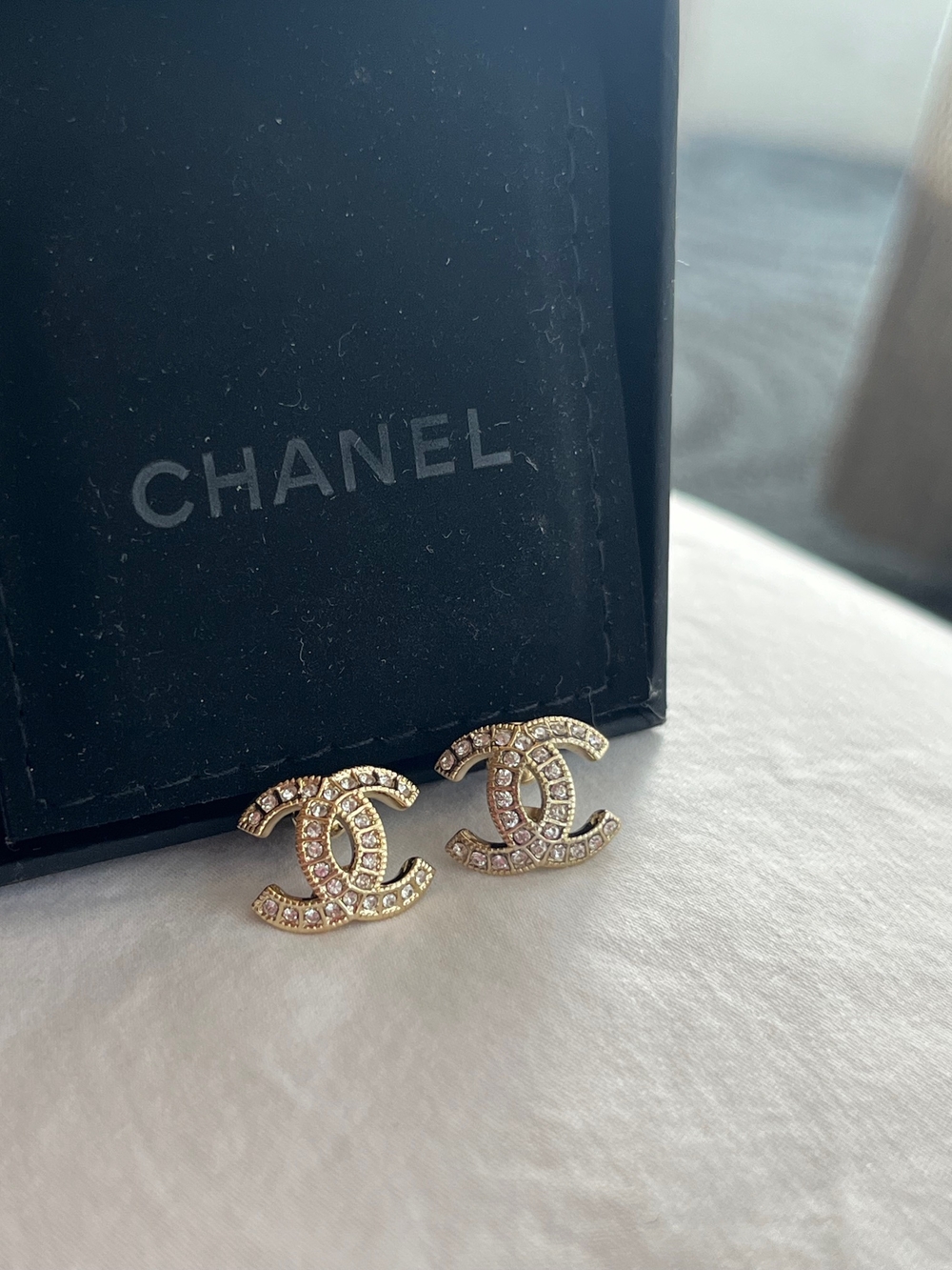 CHANEL Gold-Tone Crystal CC Logo Stud Earrings Authentic